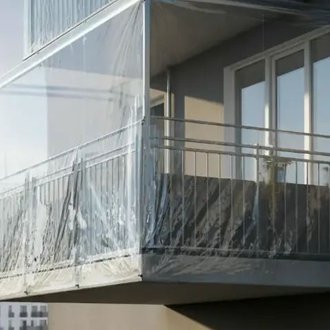 Transparent PVC balcony weather cover on an apartment building
