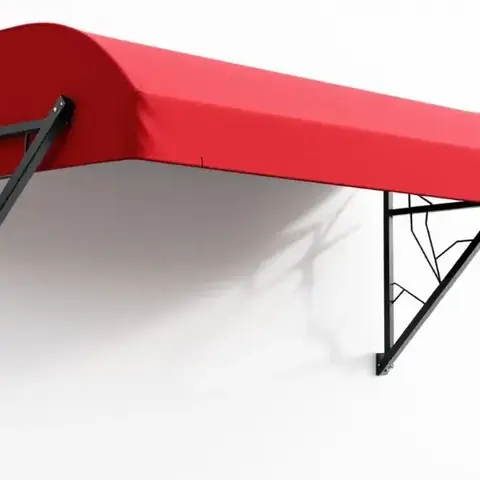 Red fabric canopy awning mounted on a wall bracket