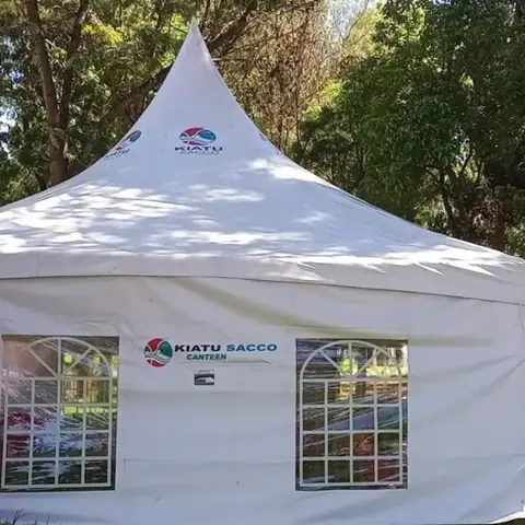 Pointed pyramid tent with branded canteen signage