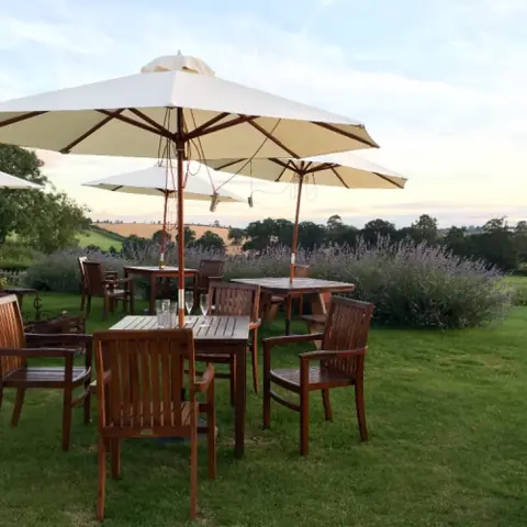 Outdoor patio umbrellas shading a dining table set on a lawn