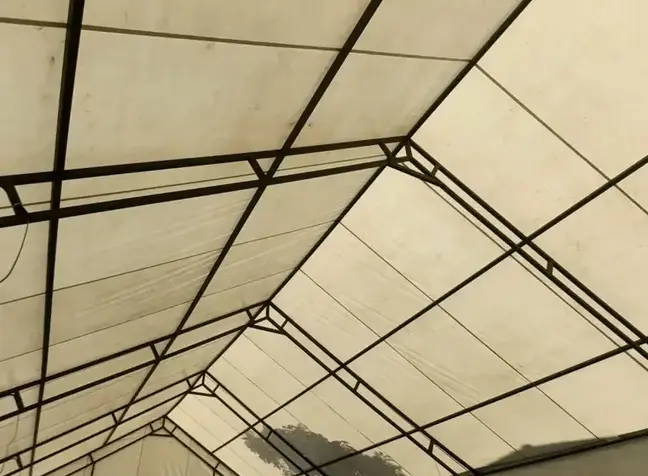 Interior view of a Royal Tent Makers event tent frame and roof structure